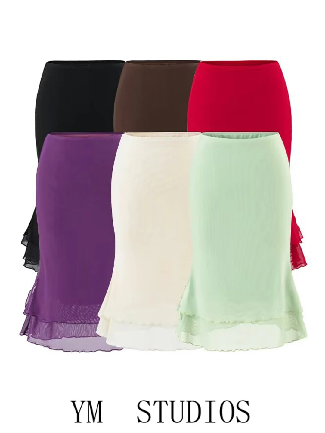 Ladies Mid-Length A-Line Skirt with Layered Tulle Fish Tail Design Inner Lined High Waist Slim Fit Polyester Blend Skirt