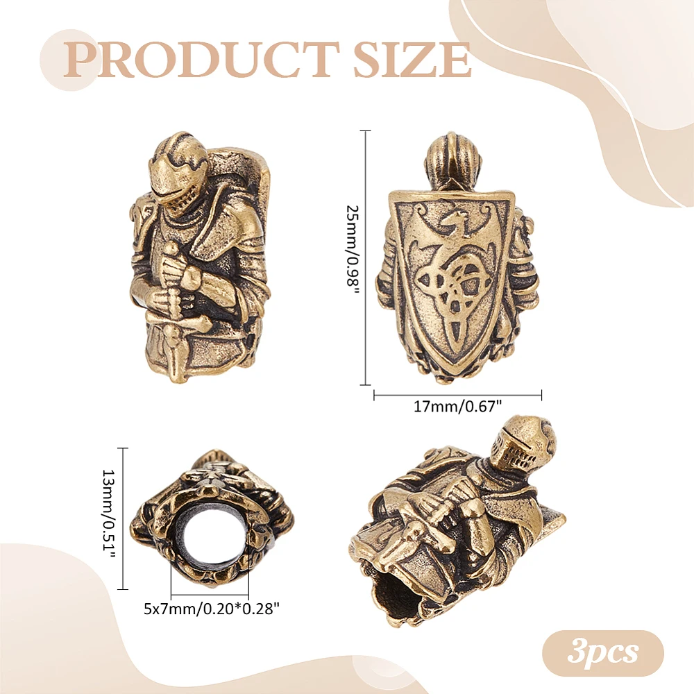 3Pcs Outdoor EDC Tool Brass Parachute Rope European Beads Large Hole Beads Knight Bronze 25x17x13mm Hole: 5x7mm view 2
