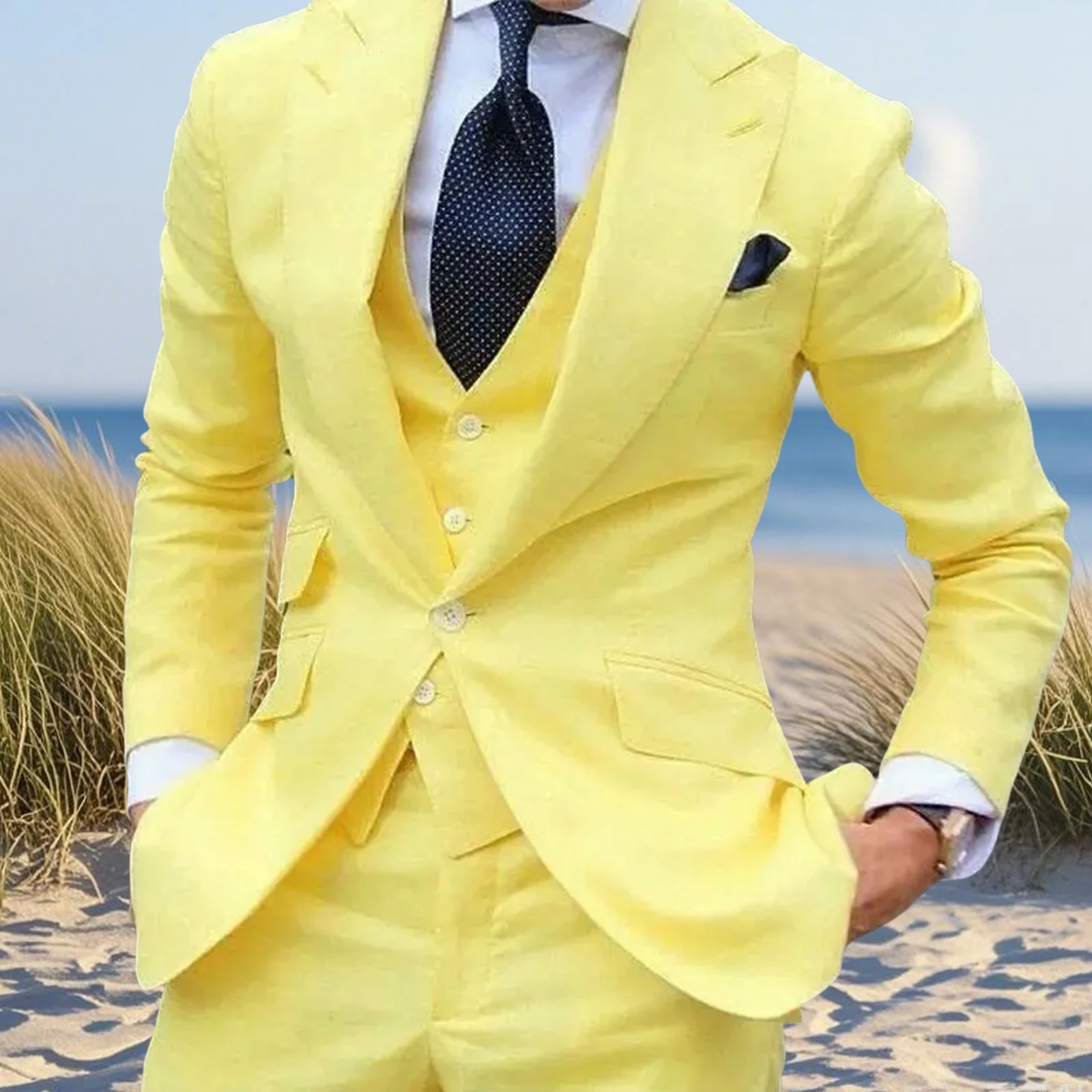 Beach Summer Linen Suit for Men Peaked Lapel Slim Fit Costume Homme 3 Pièces Casual Gilets Pour Hommes Tuexdo Blazers with Pants