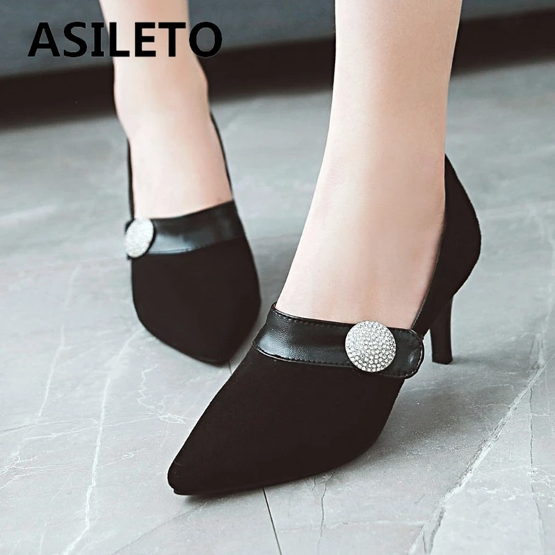 

ASILETO Sexy Office Lady Pumps Pointed Toe Flock Suede Thin Heels 7cm Slip On Crystal Large Size 41 42 43 Fashion Party Shoes