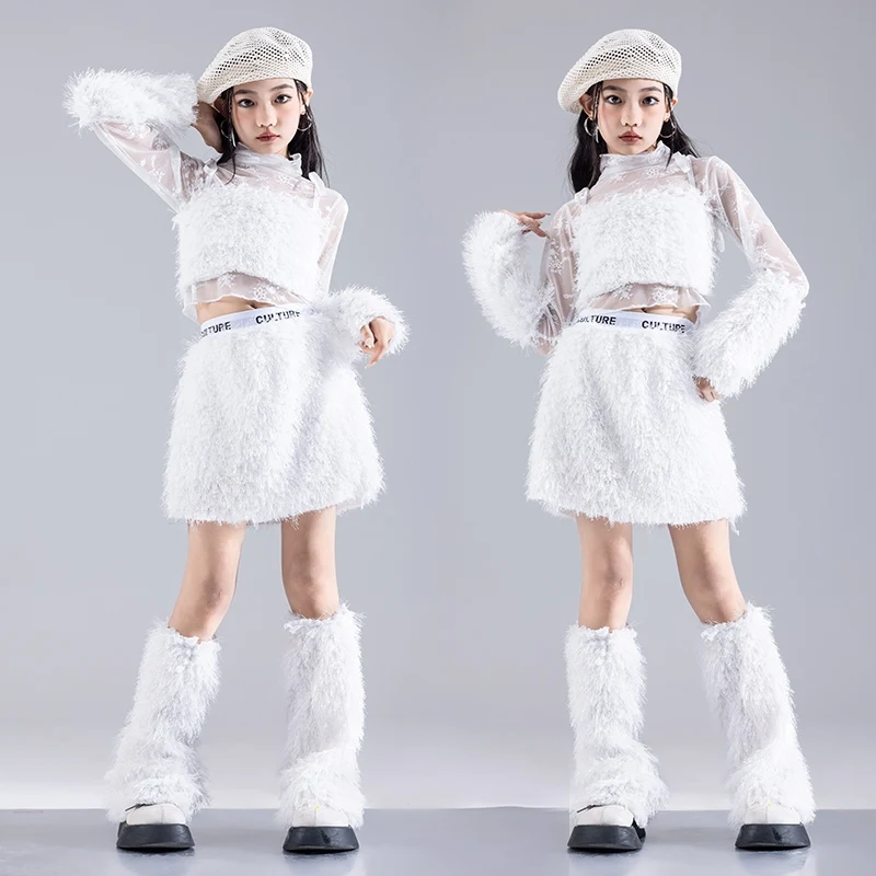 Plush Suit Girls Group Clothes Jazz Dance Long Sleeve Mesh Top Skirts Suit Hip-hop Stage Outfits Catwalk Show Clothing DQL9993