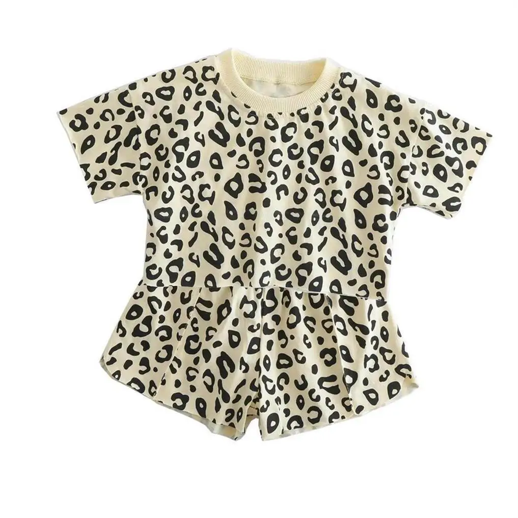 Girls Summer Suit Kids Clothes 2024 New Fashion Children Short-sleeved Shorts Casual Clothes Leopard Print Two-piece Set