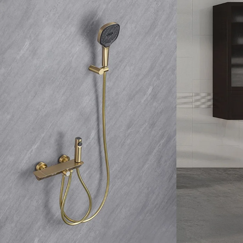 Modern Shower System with Thermostatic Brushed Gold Full Copper Bathtub and Three-Way Water Outlet for Bathroom Hot Water Heater