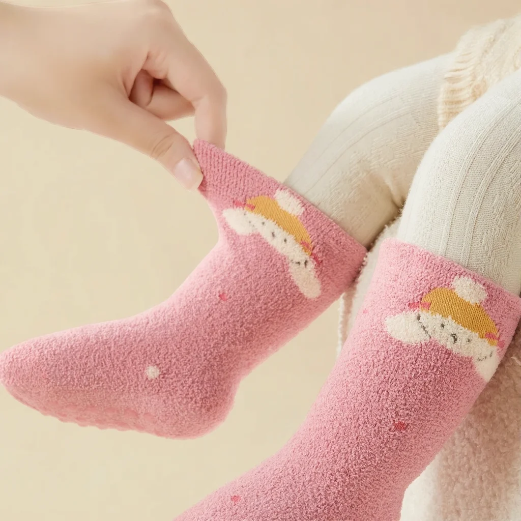 Thick Warm Non Slip Baby Soft Skin-friendly Children's Socks Cute Pink Printed Boys/Girls Kid's Socks 3 Pairs Winter 1-3Y