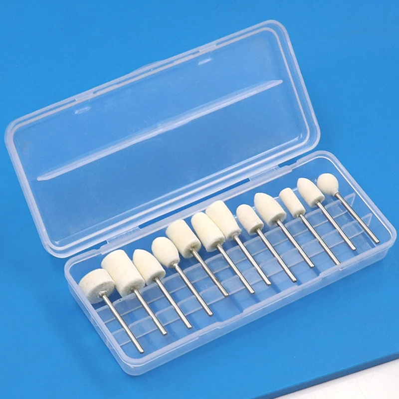 Conjunto de 12 cabeças de polimento de lã com haste compacta de 2,35 mm, perfeitas para unhas femininas e broca rotativa