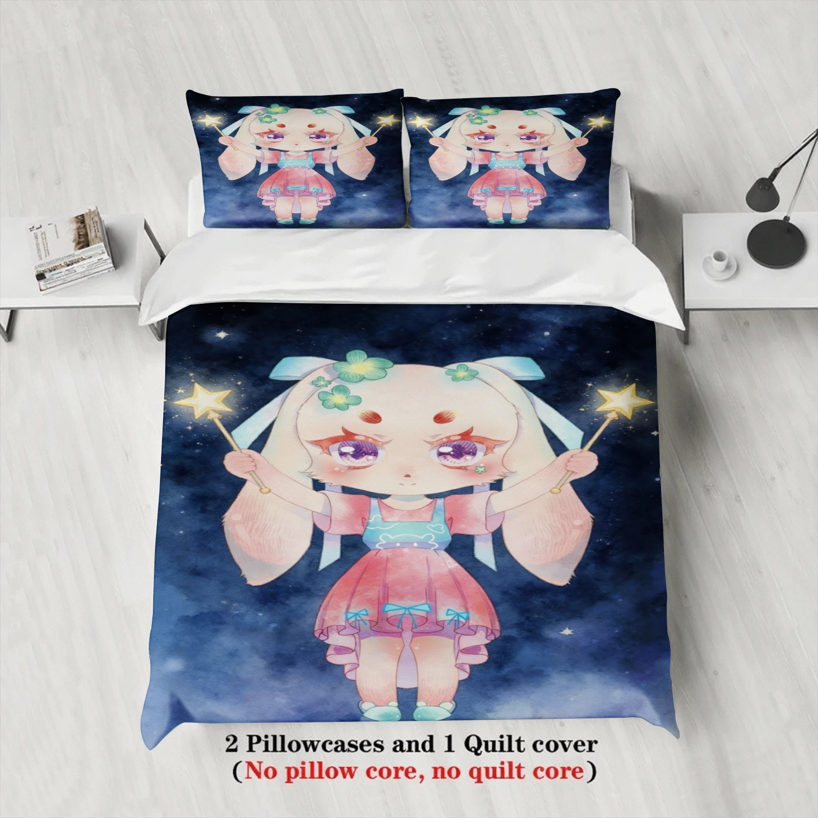 Softville Cozy Town 3PCS Bedding Sets Lop Rabbit Starry Night Printed Duvet Cover No filling Cartoon Style Queen King Size
