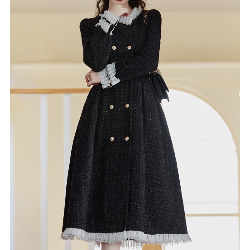 Women French Black Fragrant Sweet Dress Female Elegant Autumn Winter Fashion Long-sleeved Lace Tweed One-piece Lady Long Dress