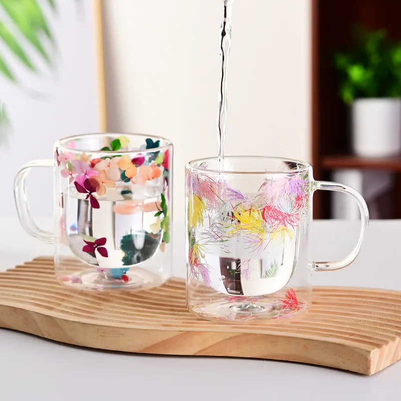 Double Layered Cup, Real Flower, Dried Flowers, High Borosilicate Glass Mug, High Aesthetic Value Milk , Juice, Coffee Cup