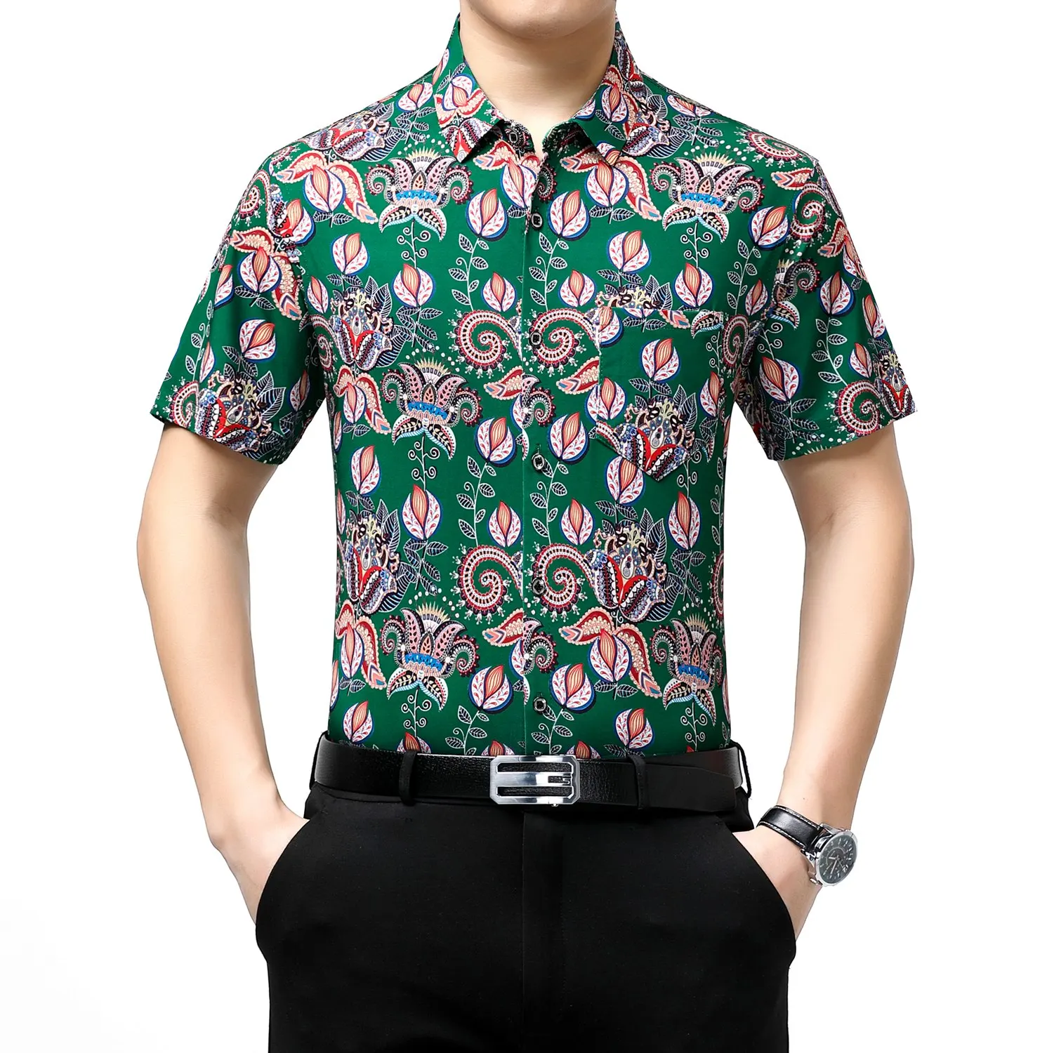 

Mens Floral Tops Print Clothing 2024 Summer Fashion Smooth Ice Silk Shirts Short Sleeved Male Flowers Dress Shirts