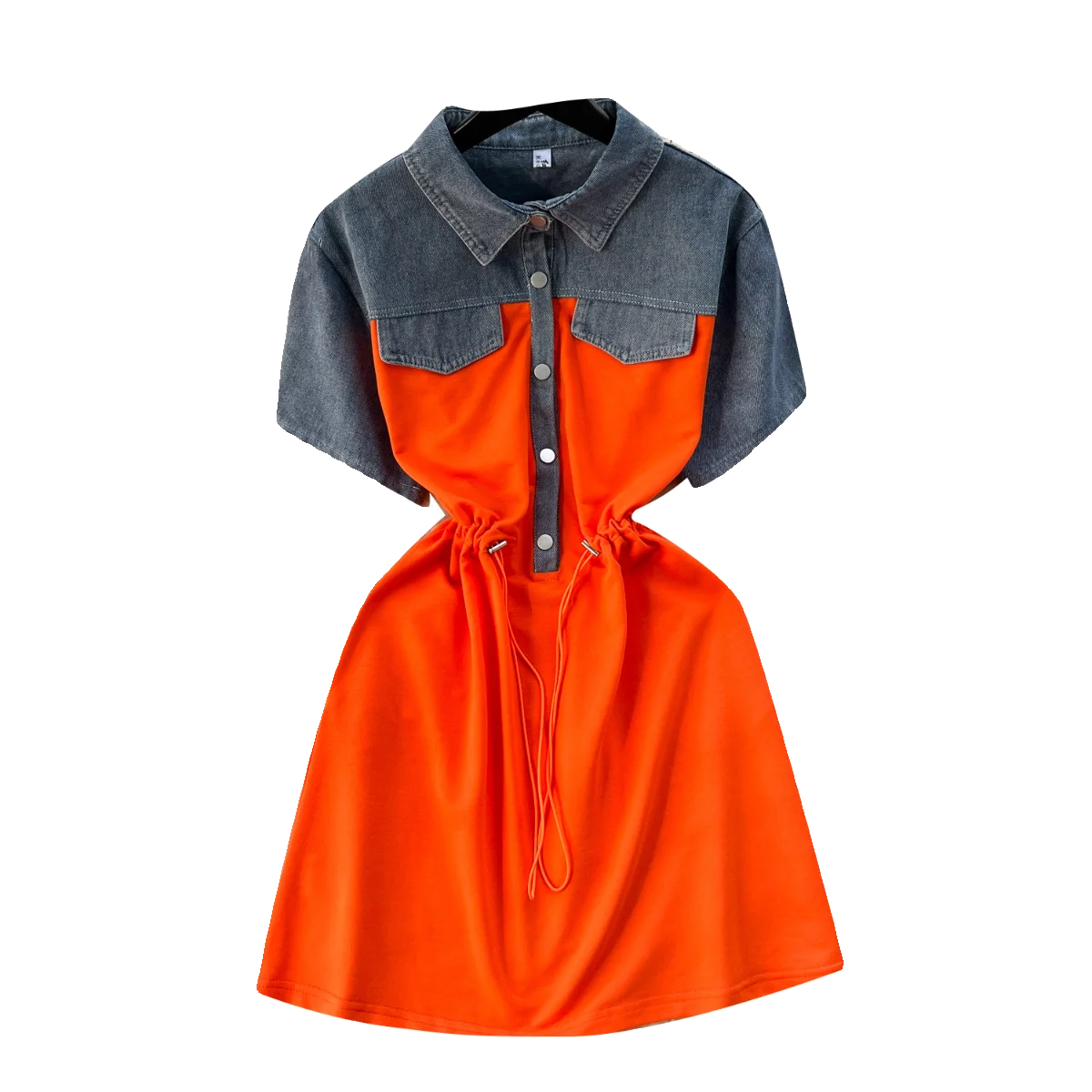 Eleganckie damskie dwuczęściowe koszulki jeansowe z naszywkami, patchworkowe jeansowe T-shirty z krótkim rękawem, sukienki mini w kształcie litery A ze sznurkiem w pasie, Vestidos