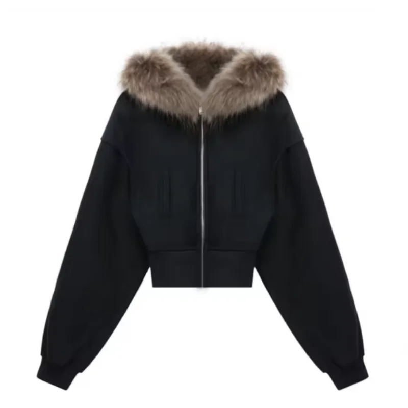Czarna bluza z futrzanym kołnierzem, zapinana na zamek, prosty styl, futrzany kołnierz, rozpinany kardigan z kapturem, topy, vintage, Y2k, krótki płaszcz na zamek.