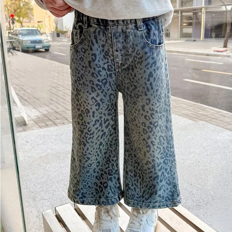 

Children's Jeans Leopard Print Wide Leg Jeans Girls 2-7Y Baby Girls Clothes Fashion Elastic Waist Denim Pants Trendy Pants
