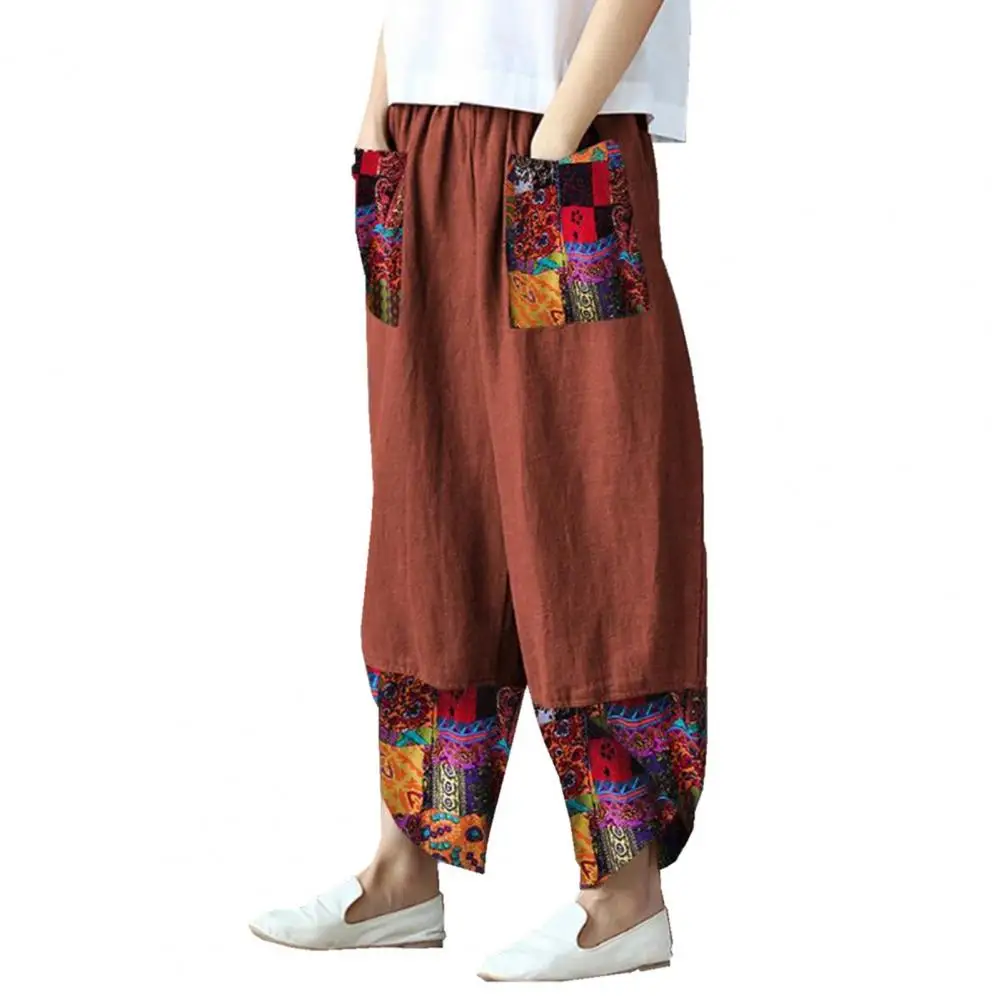 Vintage Printed Harem Pants Women Trousers Casual Elastic Waist Cotton Linen Wide Leg Pants Loose Summer Plus Size Pant