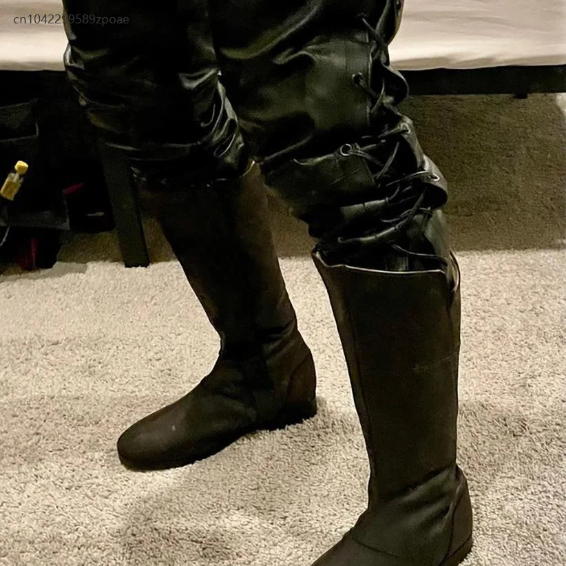 Medieval Viking New Men's Round Toe High Boots Retro Renaissance Pu Leather Halloween Party Pirate Role Playing Knight Boots 3