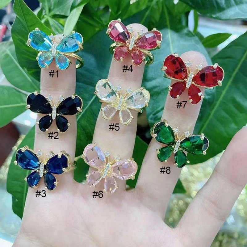 

5Pcs New Popular 18k Gold Plated Brass Multi Colored CZ Paved Crystal Butterfly Women Everyday Or Party Ring