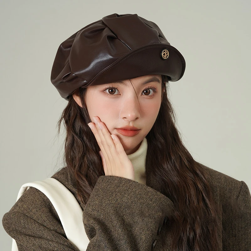 Solid Color Leather Cloud Berets Women Vintage Painter Artist Hat Fashion Pleated Octagonal Cap Autumn Winter Korean Girl Beret