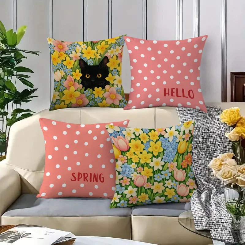 Spring Black Cat & Floral Throw Pillow Covers, Cute Cat Daffodil Tulip Print Cushion Cases, Polka Dot Hello Spring Home Decor