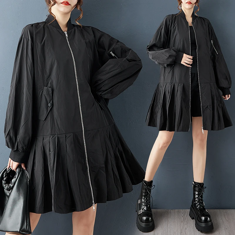 

Fall New Sle Loose Faion Stand Collar Zipper Splicing Pleated Hem Mid-Length Workwear Coat Skirt Polyester Blend Long Sve