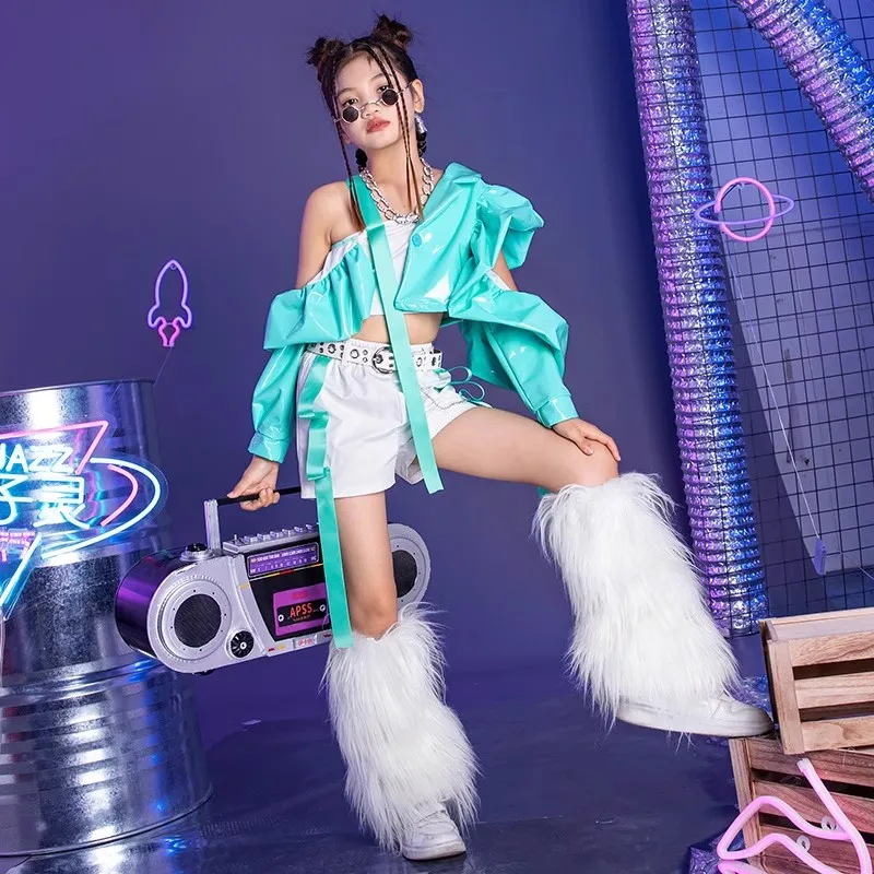 

Яркий топ нестандартной формы, шорты для девочек, костюм черлидинга, джазового танца, наряд Kpop, детская одежда в стиле хип-хоп, сценическая уличная одежда XS7204