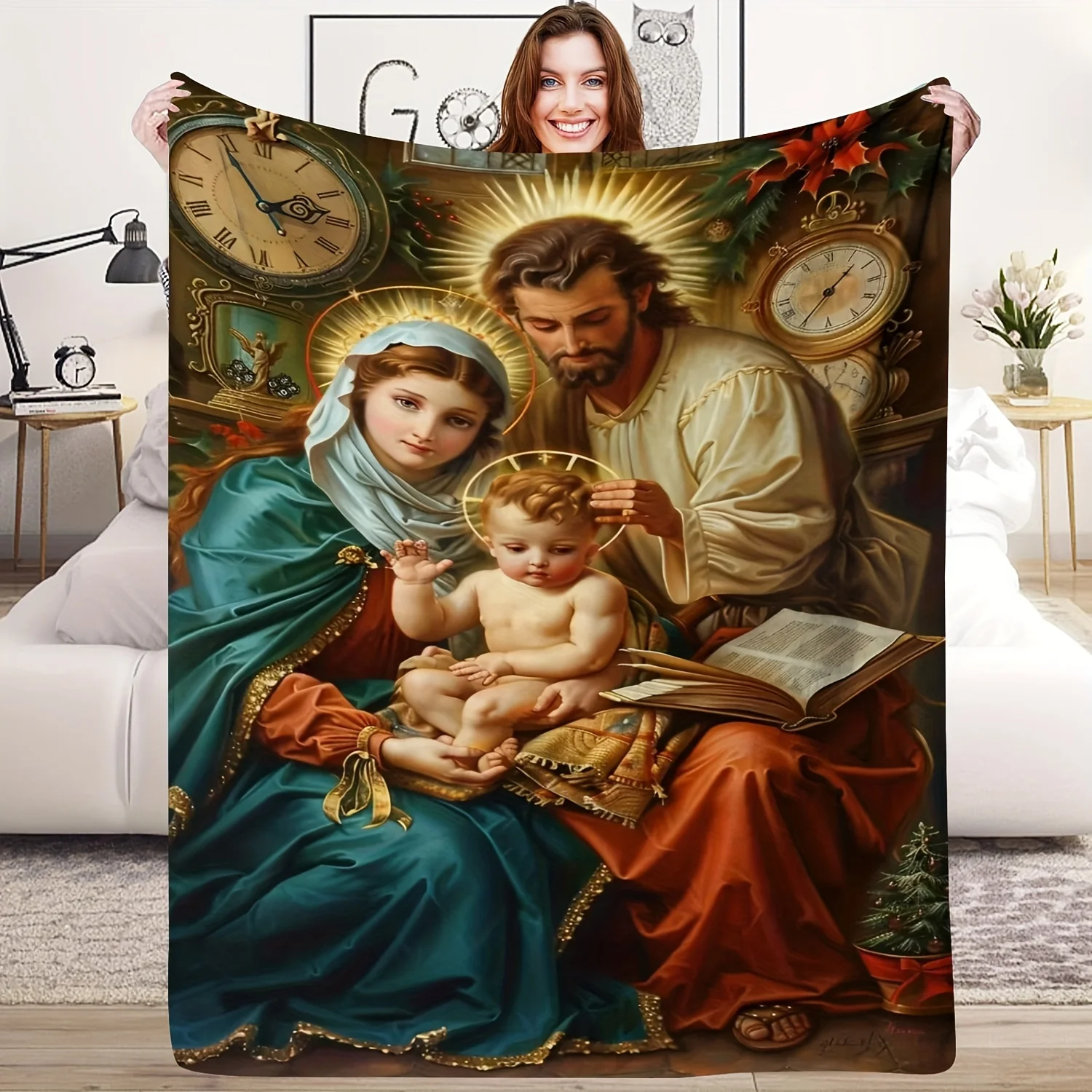 Christ Jesus Mary Family Religious Blanket Throw Tapestry Christian Art Home Decor Gifts for Xmas Decoration