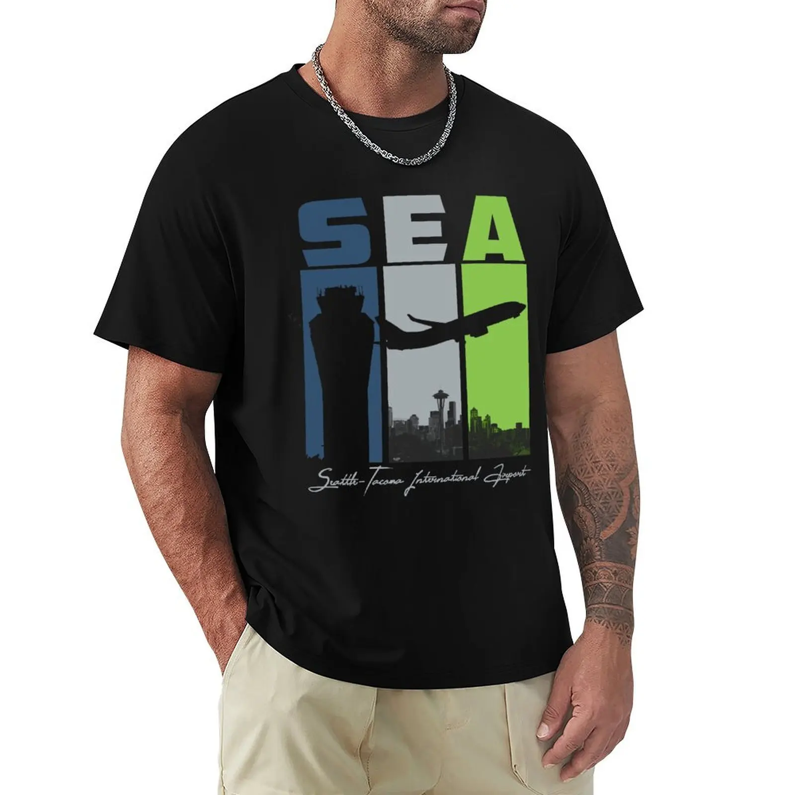 SEA Seattle Tacoma International Airport SeaTac Washington Retro Art T-Shirt Large Size Casual Tee Shirt