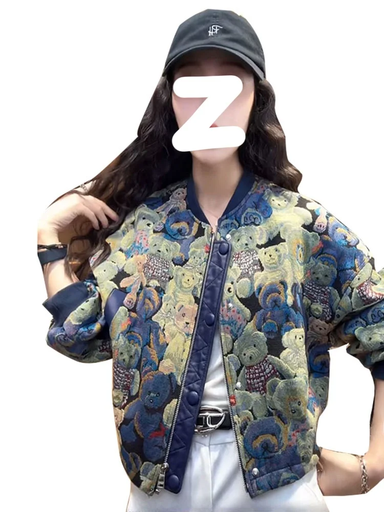 Chaqueta de Béisbol Corta con Estampado Retro para Mujer, Primavera-Otoño 2025, Nueva, ular, Versátil, con Cierre Universa...