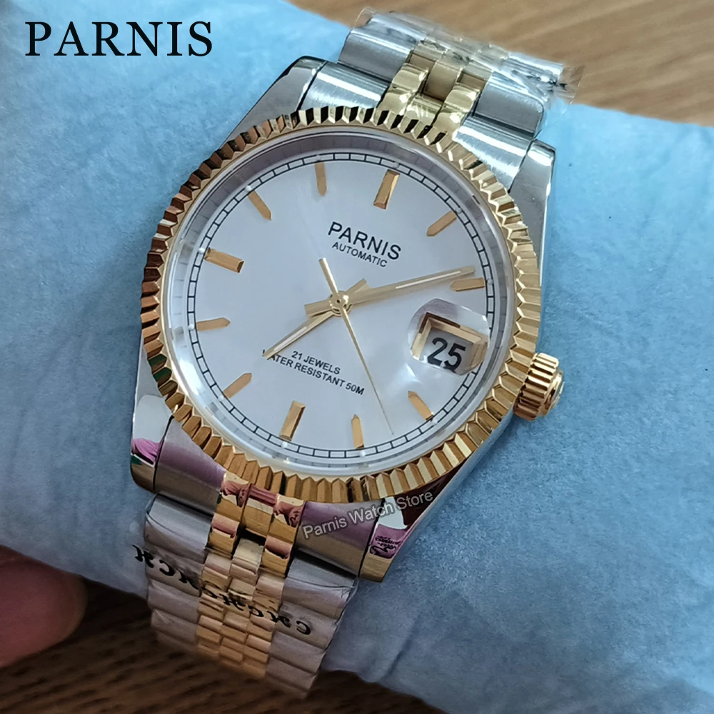 

Мужские часы Parnis 36 мм, серебристо-золотые, с автоматическим механизмом, браслет из нержавеющей стали, механические часы, светящиеся маленькие точки