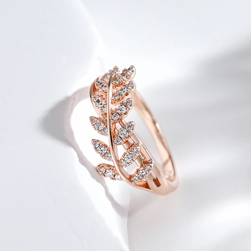 Kinel Hot Shiny Natural Zircon Leaf Ring for Women Trendy 585 Rose Gold Color Vintage Wedding Jewelry Daily Party Accessories