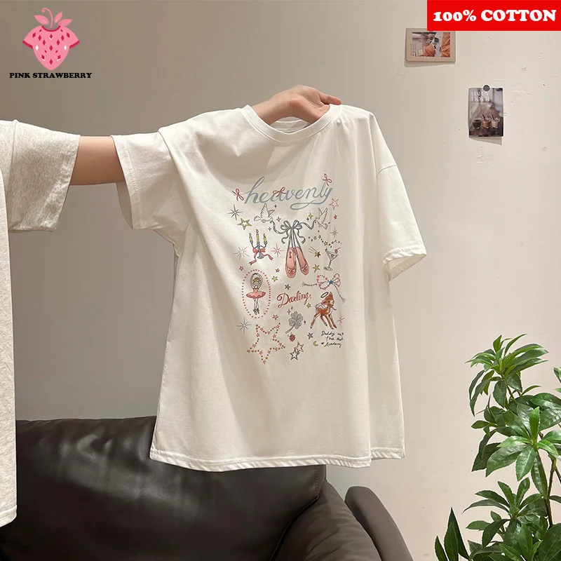 

Sweet Cartoon Print T-shirt Women's Summer 2025 New Korean style Short Sleeves Loose T-shirt Round Neck Y2k Top Female clothing