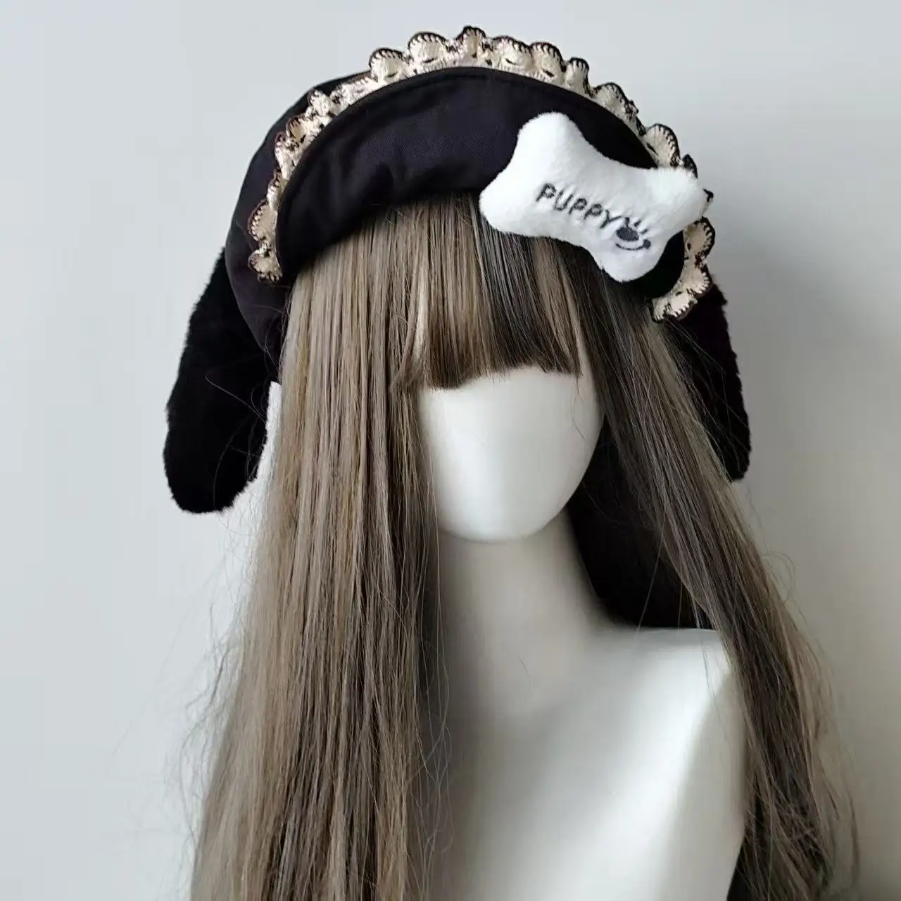 Béret gothique Lolita Harajuku Y2K pour fille, en peluche polaire, avec oreilles à pois, chapeau japonais Kawaii en dentelle, casquettes pour femmes, chapeaux de Cosplay