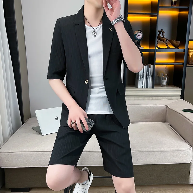 Summer Men\'s Blazer & Shorts Set Elegant Plain Lapel Solid color Short Sleeve Blazer & Shorts 2Pcs Suit