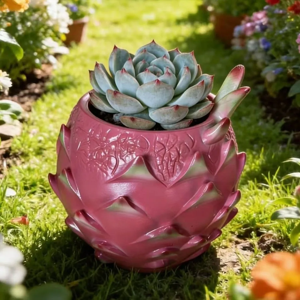 Unique Resin Dragon Fruit Planter Fruit Shaped Handmade Pitaya Flower Pot Decorative Succulents Plant Pots Balcony