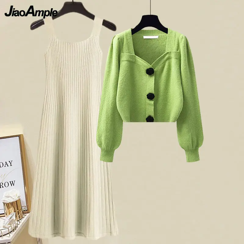 Women's Autumn Winter New in Matching Set Korean Elegant Knit Sweater Cardigan Strap Dress Two Piece Female Chic Clothing Suit