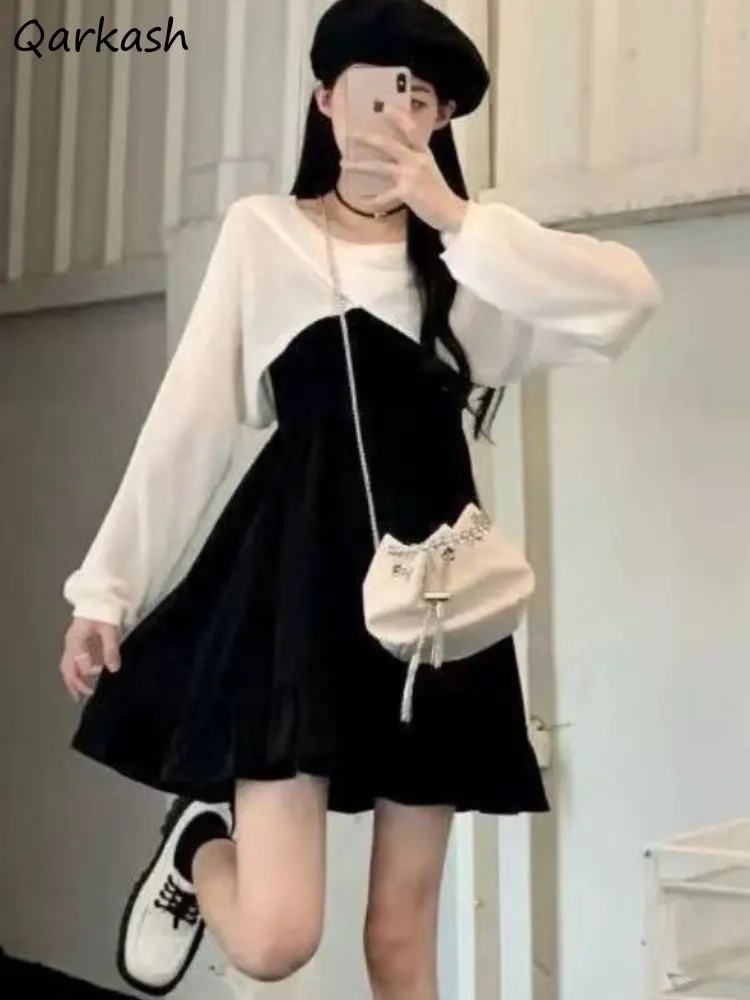 2 Pcs Sets Women Streetwear Black Mini Dress Knitted Long Sleeve T-shirts Daily Spring Fashion Simple Holiday Casual Ulzzang Ins