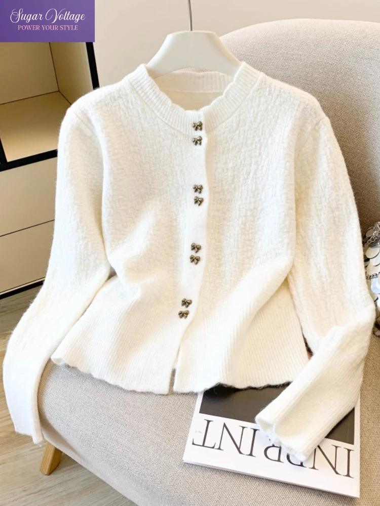 

Autumn Winter Elegant Knitted Soft Cardigan Women Fashion Single Breasted Bow Button Slim O-Neck Coat Y2k Casual Chic Sweaters