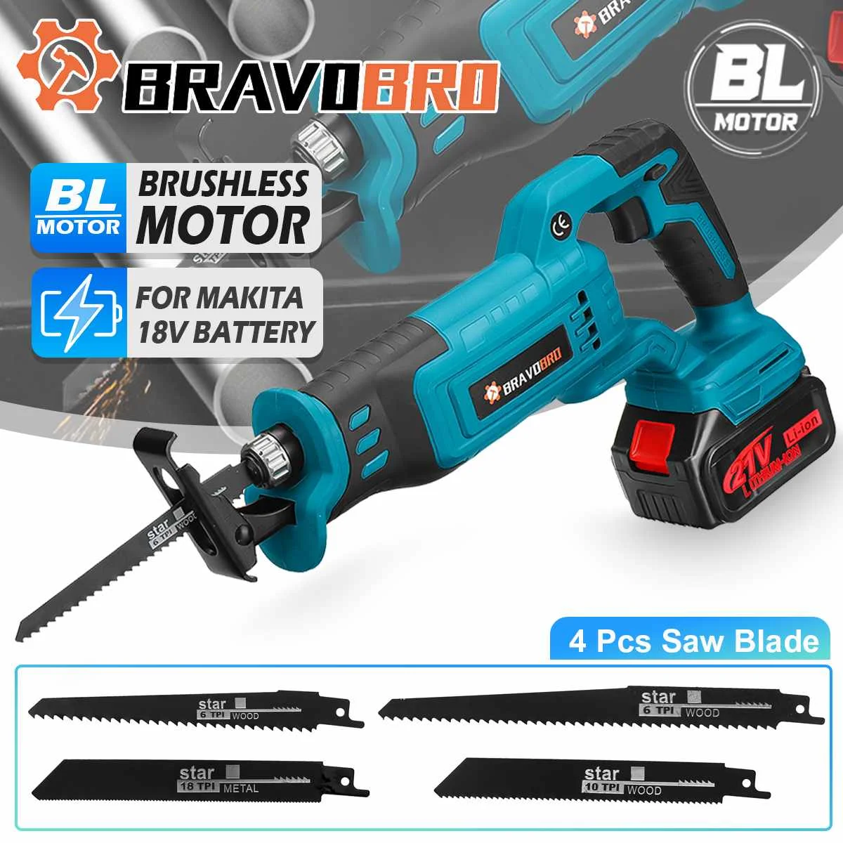 

21V Brushless Cordless Reciprocating Saw Saber Saw with Li-ion Battery 4PCS Blades Metal Wood Cutting Tool for Makita 18V