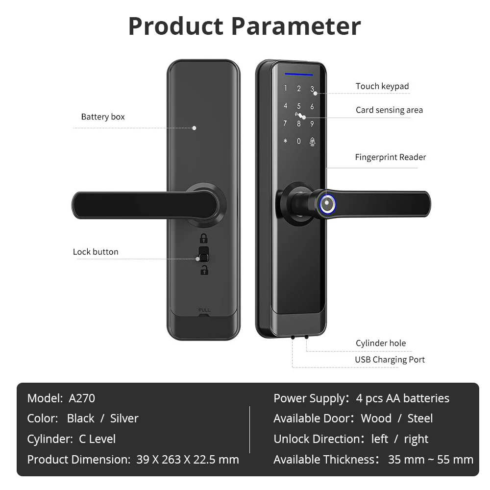 Zemismart Tuya Wifi Smart Digital Door Lock Fingerprint IC Card Key Password Unlock with Doorbell Required Remote APP Unlock