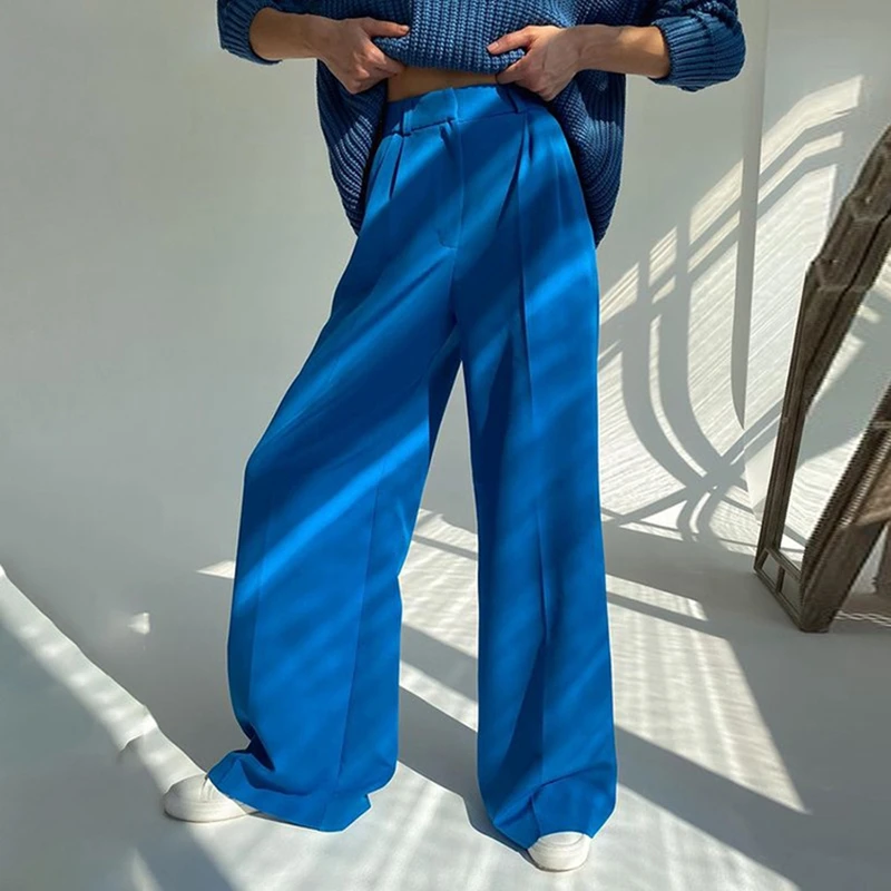 

Women's Formal Office Pants, Casual High Waist, Wide Leg, Twill, Full Length, Suit Trousers, Ladies Fashion, Blue