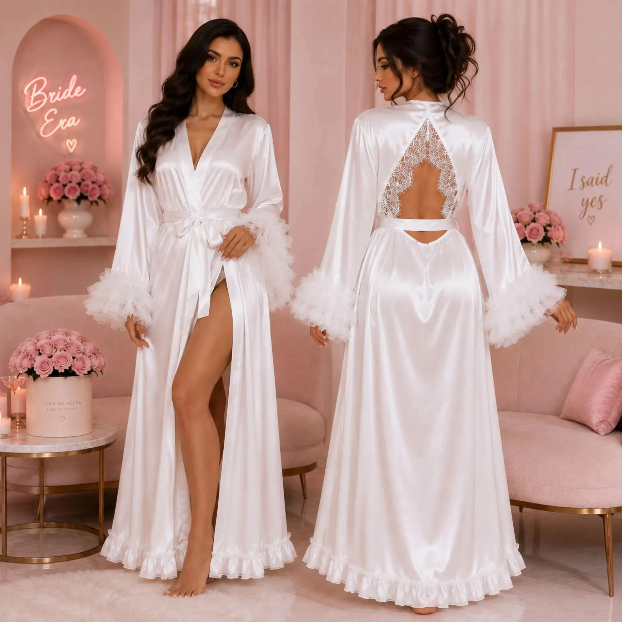Elegant Women Long Robe With Sash Tulle Ruffle Flare Sleeve Bridal Bathrobe Cut Out Back Customized Wedding Sleepwear Gown