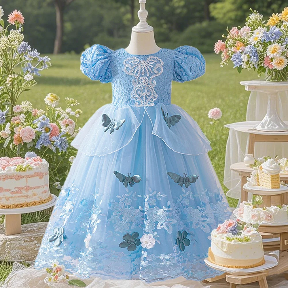 

Bubble sleeve princess dress fairy tale world princess dress butterfly flower embroidery blue dress fashionable and elegant dres