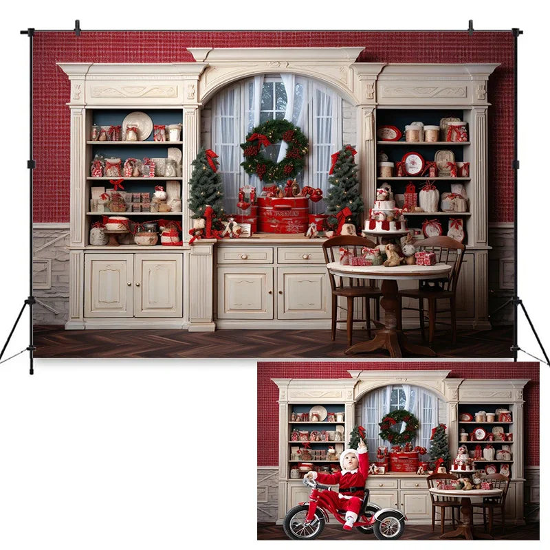 Christmas Kitchen Photo Background Family Xmas Tree Cake Wood wall Backdrop For Photography Kid Baby Portrait Decor Studio Props