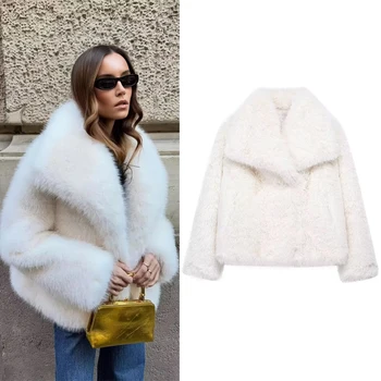 Image TRAF White Faux Fur Coat 2024 Woman New in coats Autumn Winter Fur Plush Fluffy Jacket Warm Red Gray Black Outerwears