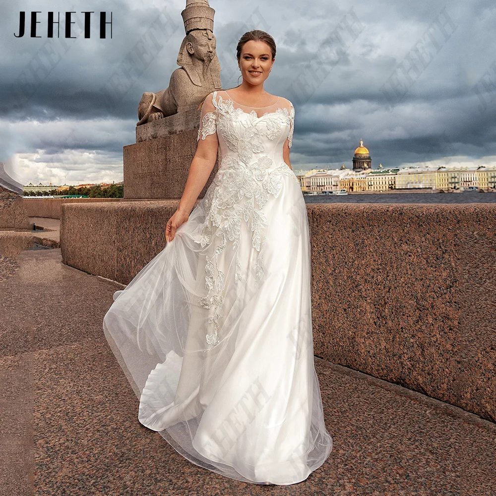 JEHETH-Vestidos de casamento elegantes, mangas curtas, decote em O, vestidos de noiva formais, tule linha A, Applique, 2023