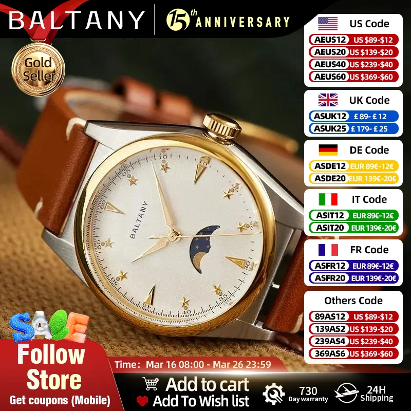 

Baltany Design Moonphase Watches S4042 Leather Strap IPG Bezel Luminous Dial 6P24 Quartz Unisex Luxury Dress Wristwatch