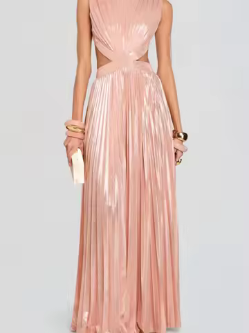 Fashion O-neck Hollow Out Evening Dress Women's Casual Sleeveless Solid Color Long Dress Elegant Backless Waist Slim Party Dress