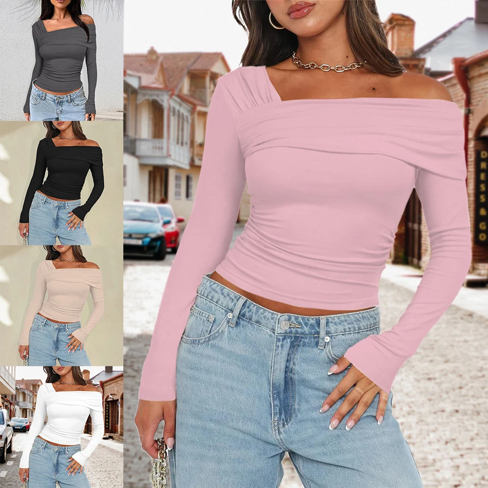 Women One Off Shoulder Long Sleeve Top Slim Fit Asymmetrical Crop Top Sexy Style Ruched T Shirts Daily Outfit Streetwear Suit