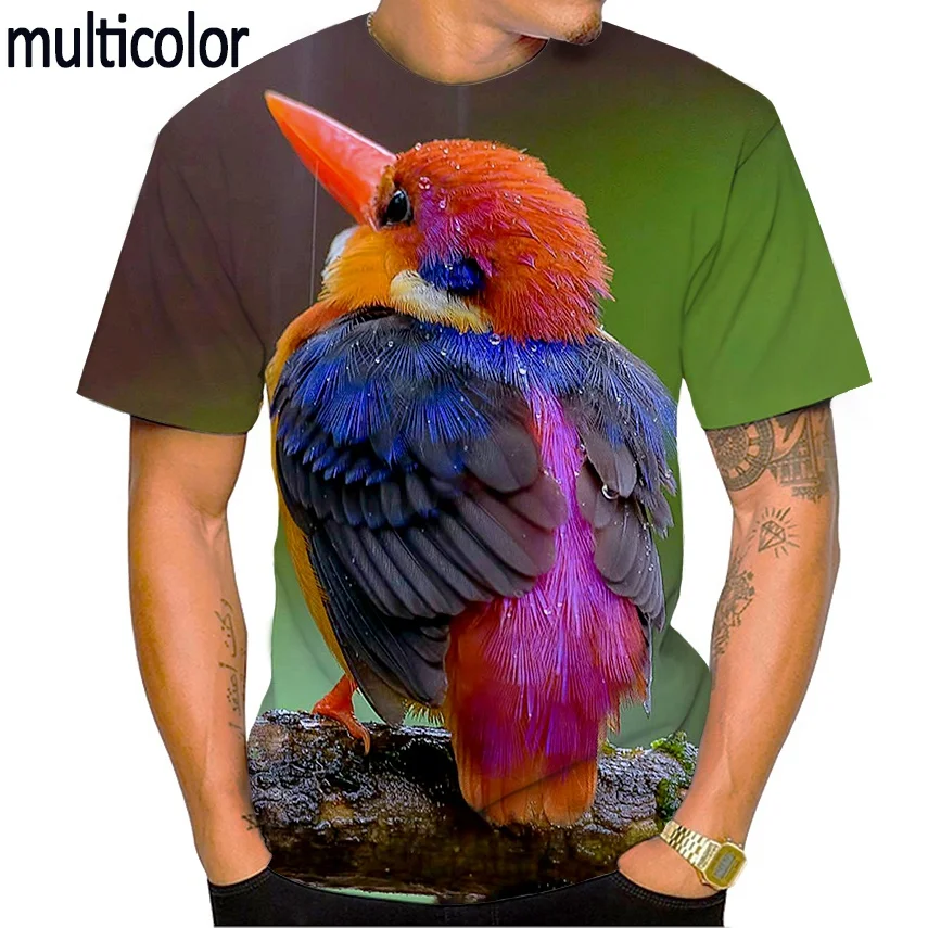 New Hot-Selling Bird Kingfisher 3d Printing Men's Short-Sleeved T-Shirt Casual Fashion Color Bird Print Personality Design