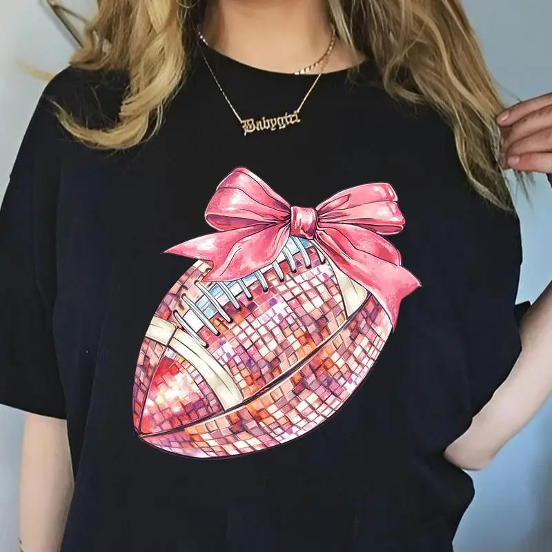 

Cute Pink Bow Football Graphic T-shirt Sequin Sparkle Trendy Game Day Tops Cheer Fan Gift for Women Men