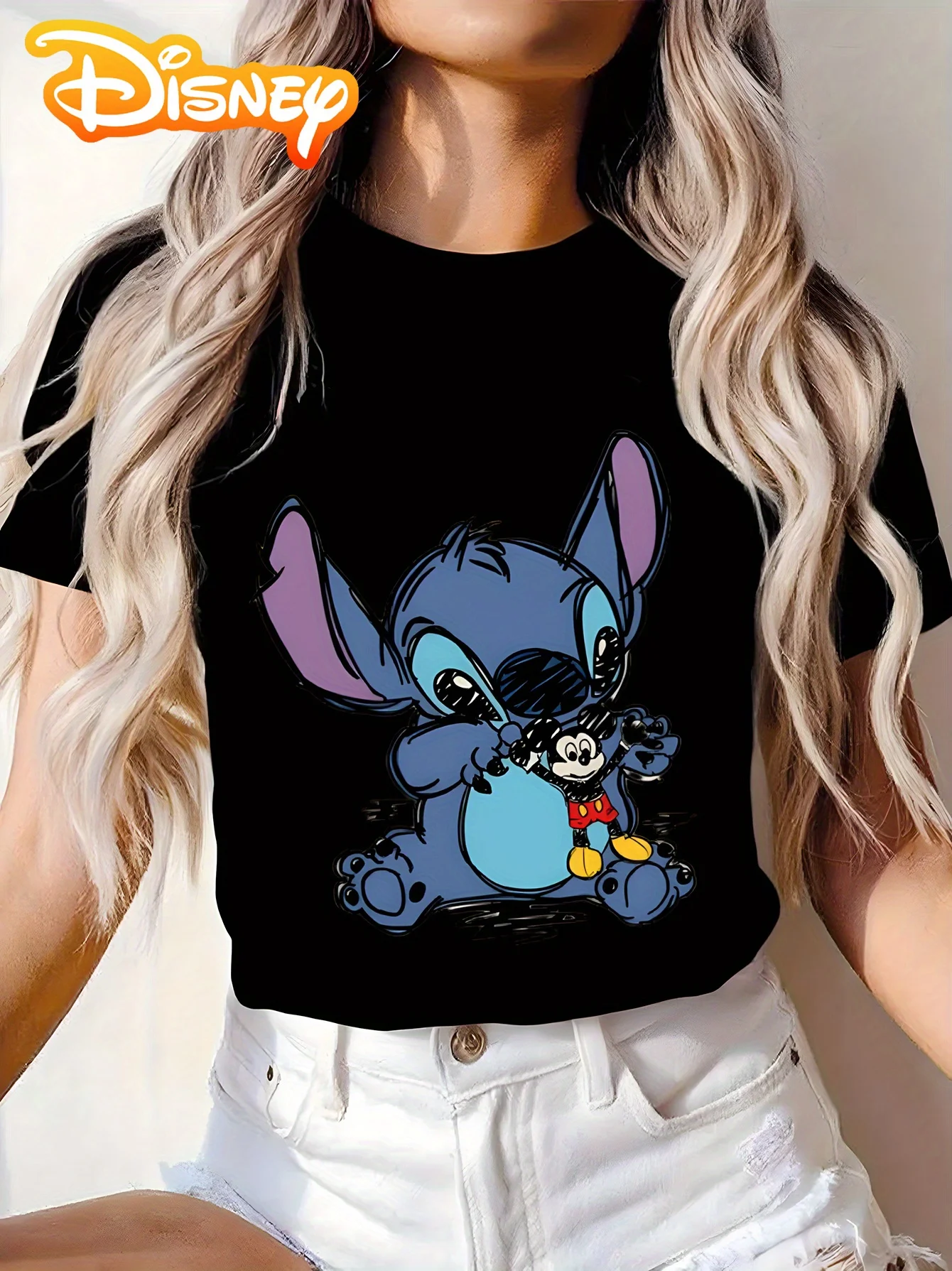 

Disney Stitch Holding Mickey Mouse Women's T-shirt - Cute, Casual, Breathable Summer T-shirt, Printed Top