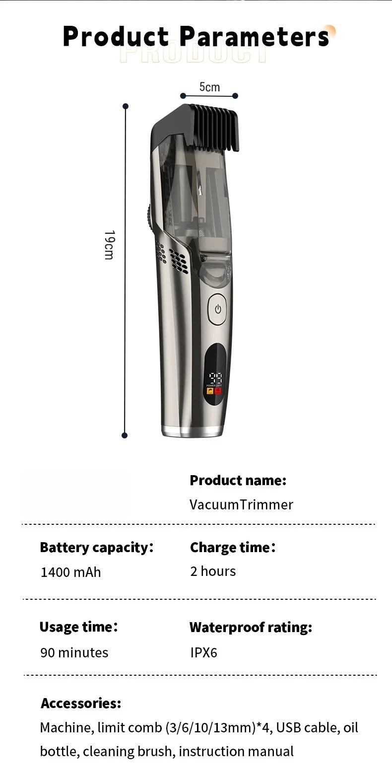 Vakuum-Bartschneider für Männer, längenverstellbar mit 2 Kämmen (1–20 mm), elektrischer Vakuumschneider für Bart, Schnurrbart, Stoppeln – Detail 8